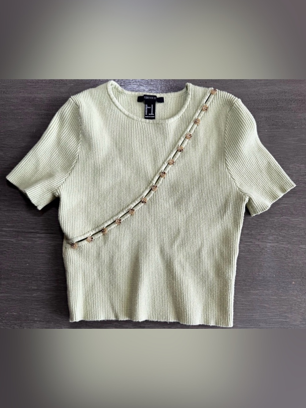 Knit Ribbed Short Sleeve Green Button Cut Out Sweater M